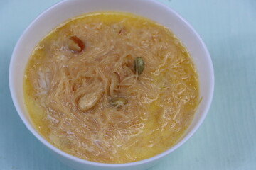 Kheer or vermicelli pudding garnished with dry fruits, festival sweet dish