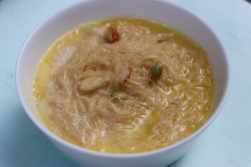 Kheer or vermicelli pudding garnished with dry fruits, festival sweet dish