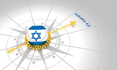 Industry four point zero. 3D rendering. Abstract compass points to the word. Flag of the Israel