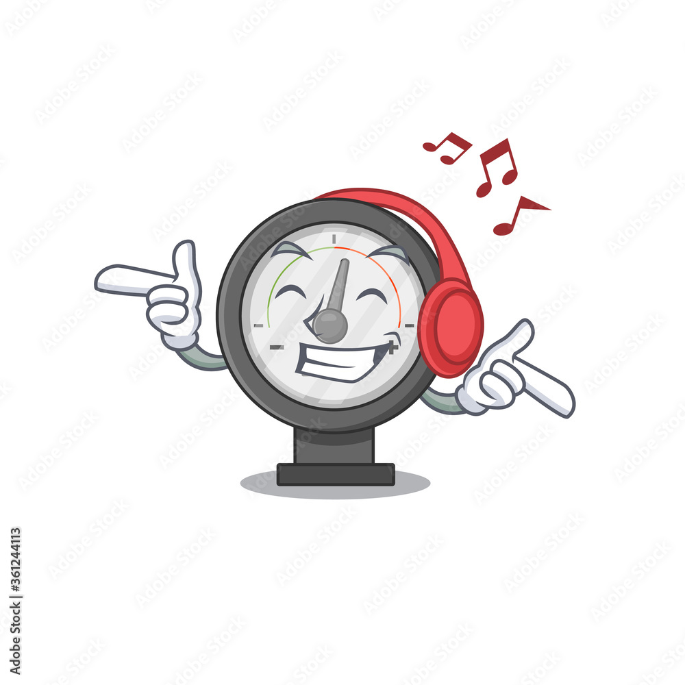 Sticker A Caricature design style of pressure gauge listening music on headphone