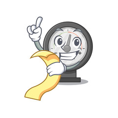 Pressure gauge mascot character style with food and beverage menu on his hand
