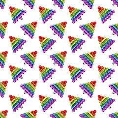 Seamless pattern Christmas decorations glass balls LGBTQ community rainbow flag color in shape of fir tree white background isolated, LGBT pride repeating ornament, gay, lesbian New Year festive print