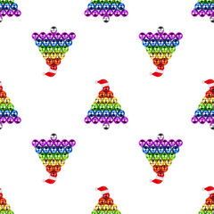 Seamless pattern Christmas decorations glass balls LGBTQ community rainbow color shape of fir tree & Santa Claus hat white background isolated, LGBT pride repeat ornament, gay, lesbian New Year print