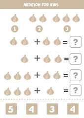 Addition for kids with cartoon garlic. Math game.