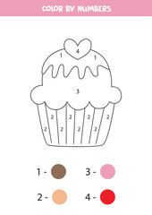 Coloring page for kids. Cute cartoon cupcake. Color by numbers.