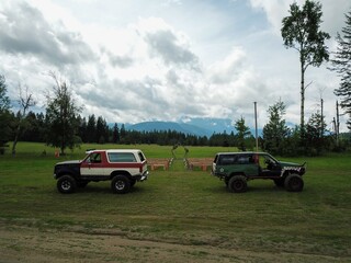 Aerial shot of off-road vehicles in a grass field near trees