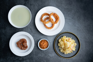 Traditional snacks in old Beijing, China. Traditional Beijing snacks: bean juice, jiaoquan, sugar ears, ginger sauce fork，paicha.