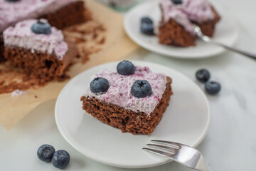 home made chocolate brownie with blueberries