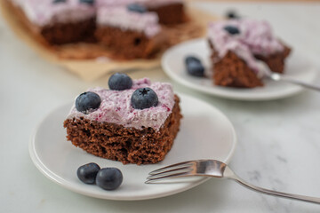home made chocolate brownie with blueberries