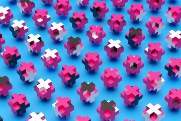 3D illustration pattern of large volumetric pink crosses on a blue isolated background. Simple geometric textures and shapes