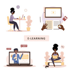 Online education. Flat design concept of training and video tutorials. African student learning at home. Vector illustration for website, marketing material, presentation template, online advertising.