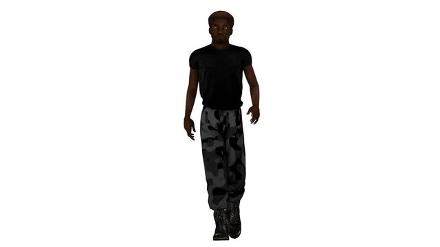 Strong, handsome African American man walking in casual clothing.
