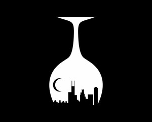 Upside down wine glass with city building inside