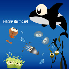 Birthday Card design elements with sea creatures for invitation, greeting and wallpaper 