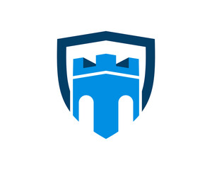 Blue fortress with shield behind