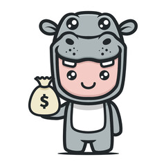 Cute hippo mascot with business and finance-related theme design illustration