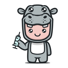 Cute hippo mascot with medical-related theme design illustrat