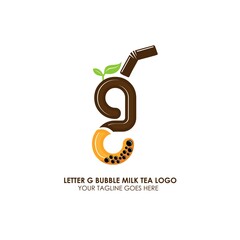 Bubble Tea Cup Drink or Milk Cocktail Logo with Initial G. Glass of Drink with Tubule and Straw. Pearl Milk Tea Label. Popular Asian Drink. Can be used for Café and Restaurant Logo. Boba. Taiwan Drink