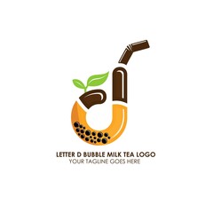 Bubble Tea Cup Drink or Milk Cocktail Logo with Initial D. Glass of Drink with Tubule and Straw. Pearl Milk Tea Label. Popular Asian Drink. Can be used for Caf&eacute; and Restaurant Logo. Boba. Taiwan Drink