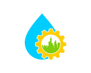 Water drop with gear and city silhouette inside