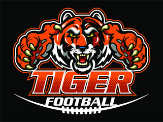 tiger football team design with mascot and laces for school, college or league