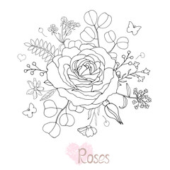 Beautiful black and white rose and leaves. Vector illustration.