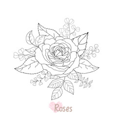 Beautiful black and white rose and leaves. Vector illustration.