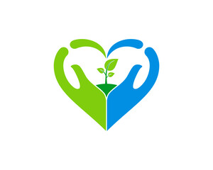 Hand care with love shape and plant tree inside