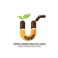 Bubble Tea Cup Drink or Milk Cocktail Logo with Initial U. Glass of Drink with Tubule and Straw. Pearl Milk Tea Label. Popular Asian Drink. Can be used for Café and Restaurant Logo. Boba. Taiwan Drink