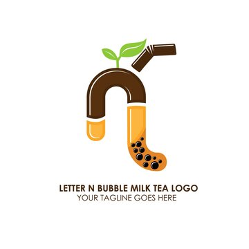 Bubble Tea Cup Drink or Milk Cocktail Logo with Initial N. Glass of Drink with Tubule and Straw. Pearl Milk Tea Label. Popular Asian Drink. Can be used for Café and Restaurant Logo. Boba. Taiwan Drink