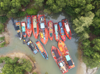 Aerial view of docked fishing boats. These type of fishing boat is common in Asia region
