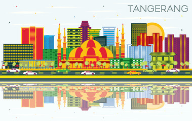 Fototapeta premium Tangerang Indonesia City Skyline with Color Buildings, Blue Sky and Reflections.