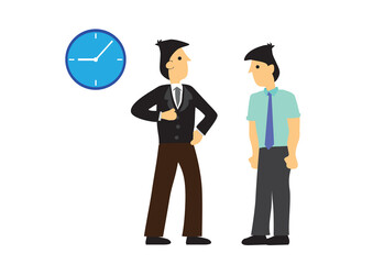 Angry boss complaining his employee for being coming late to work. Employee performance or punctuality concept.