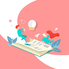 Book with light bulb and people thinking, business inspiration flat design vector illustration