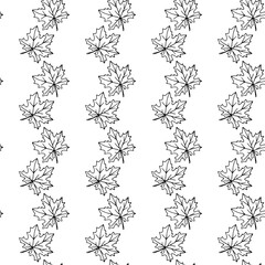 Seamless pattern of contoured maple leaves isolated on a white background. Simple vector texture for fabric, invitations, home textiles. Concept of autumn, forest, leaf fall, thanksgiving