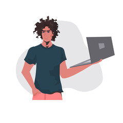 man holding laptop african american guy model in casual trendy clothes male cartoon character portrait isolated vector illustration