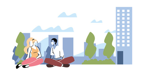 people with medical protective masks, outdoor activities during pandemic