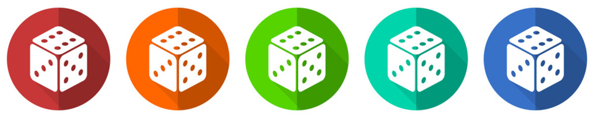 Game icon set, red, blue, green and orange flat design web buttons isolated on white background, vector illustration