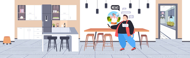 man using smartphone chatting with girl discussing daily news chat bubble communication concept modern kitchen interior horizontal full length vector illustration