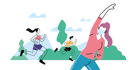 young people doing physical activity outdoors at the park, healthy lifestyle and fitness