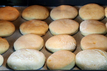 Homemade cakes - gingerbread cookies on a baking sheet in a hot oven close-up.