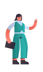 happy businesswoman holding folder attractive business woman office worker in casual clothes female cartoon character full length vertical vector illustration