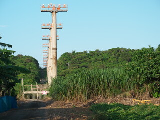 Okinawa,Japan-June 23, 2020: Approach Lighting System of Miyako Airport built in sugar cane field at Miyakojima island, Okinawa, Japan
