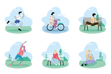 people in medical protective masks, people spend time in park