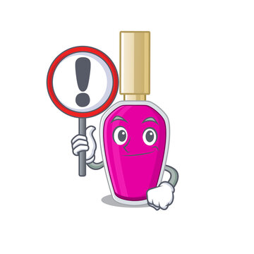 A cartoon icon of pink nail polish with a exclamation sign board