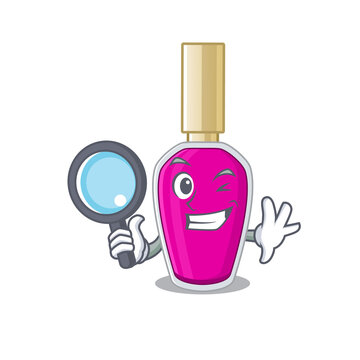 cartoon mascot design of pink nail polish super Detective breaking the case using tools