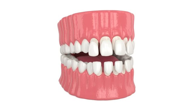 Jaw with installing dental veneers over white background
