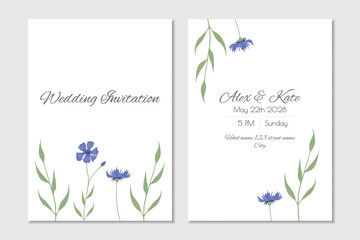 Wedding invitation template with cute summer cornflowers