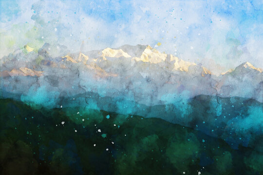 Abstract painting of mountains, nature landscape image, digital watercolor illustration, art for background