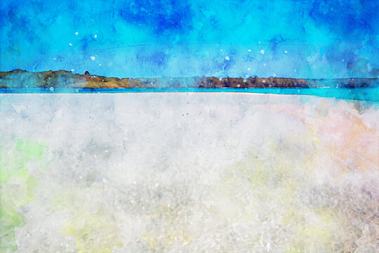 Abstract painting of beach at sea, nature image, digital watercolor illustration, art for background
